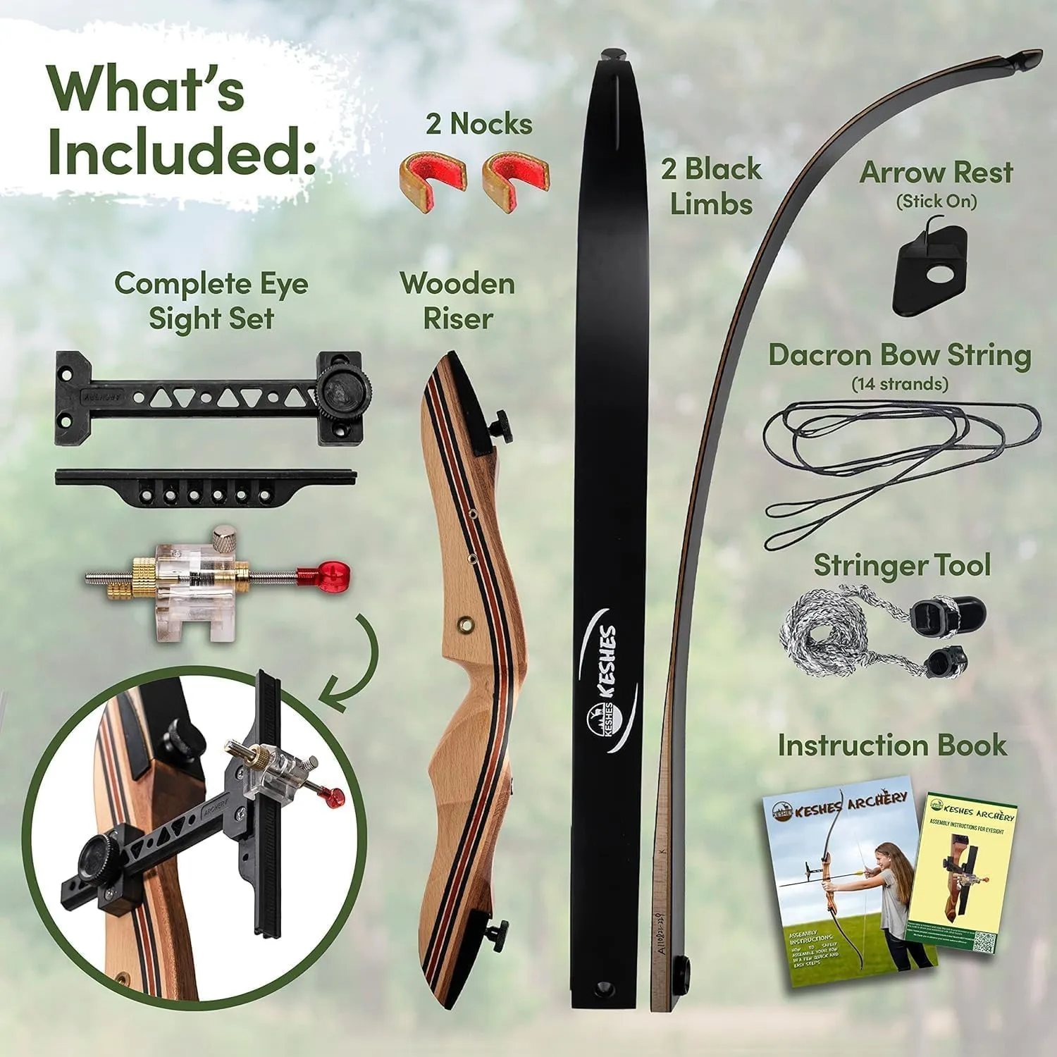 KESHES Takedown Recurve Bow and Arrow Set for Adults & Teens 62" - 15-60lb Draw Weight, Right & Left Handed Bows - Archery Set with Bowstring, Arrow Rest, Stringer Tool, and Bow Sight
