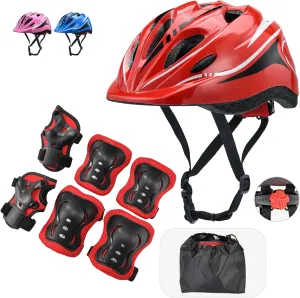 Kids Helmet & Knee Pad Set - Adjustable Elbow & Wrist Guards for Bike, Skateboard, Scooter - 5-12yrs - 7-in-1 - 3 Colors
