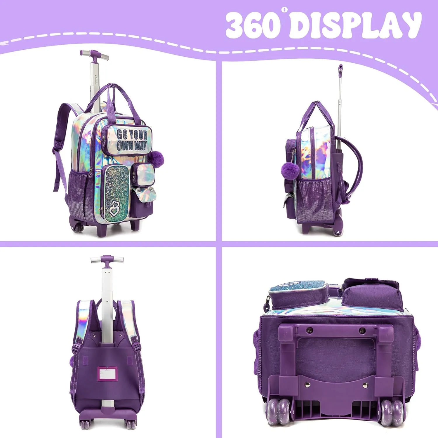 Kids Rolling Backpack with Wheels for Elementary Students Kids Travel Luggage Carry on School Backpack for Girls Ages 6-8