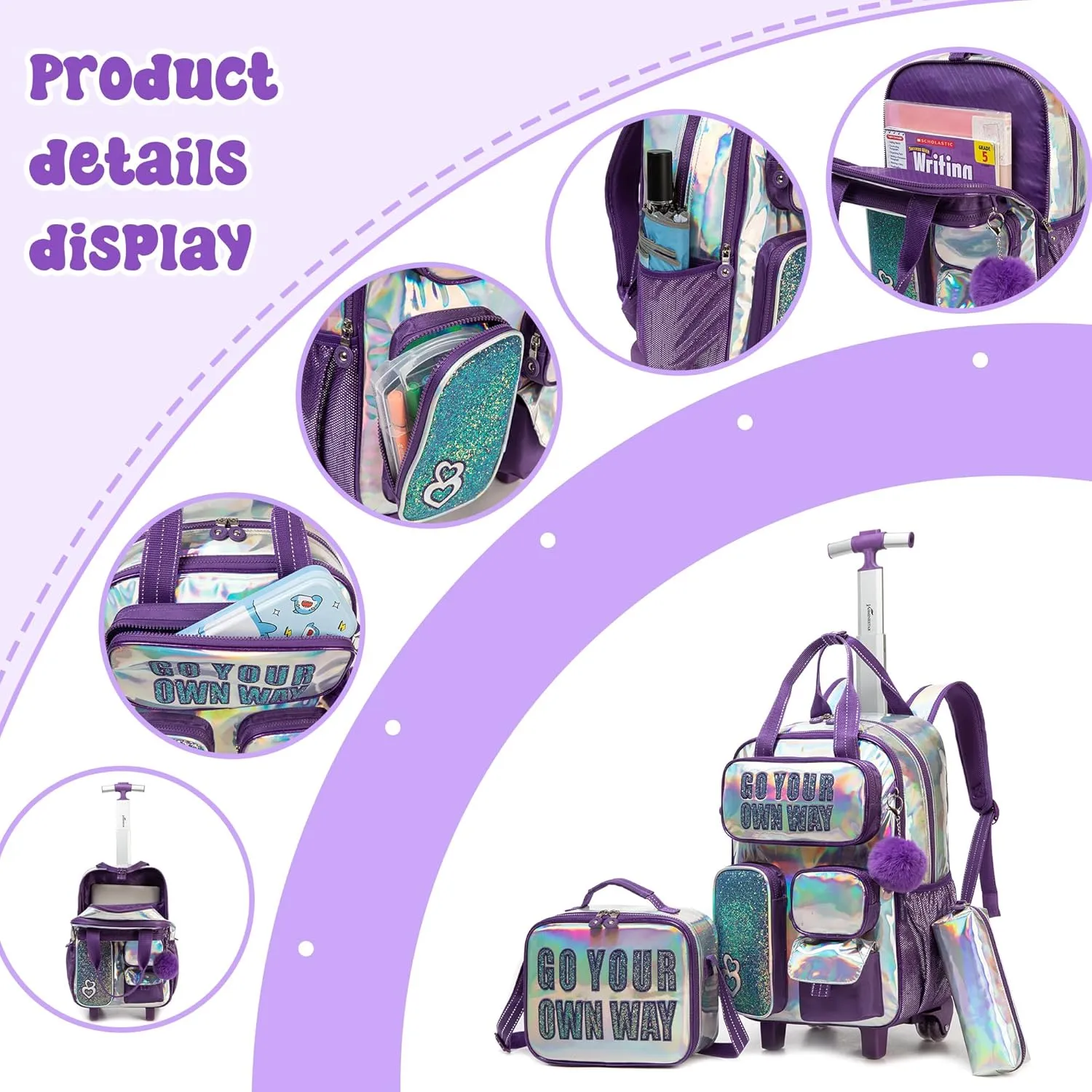 Kids Rolling Backpack with Wheels for Elementary Students Kids Travel Luggage Carry on School Backpack for Girls Ages 6-8