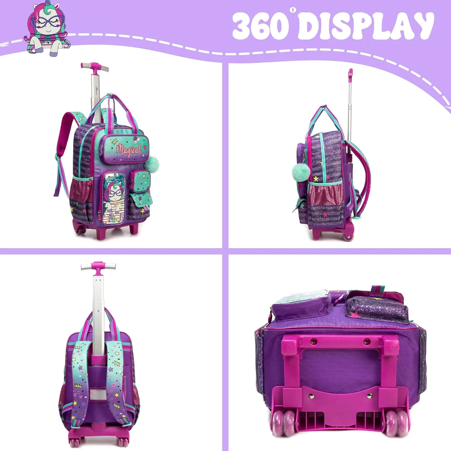 Kids Rolling Backpack with Wheels for Girls Unicorn School Roller Backpack,Carry on Luggage Travel Suitcase with Lunch Bag and Pencil Case for Girls Ages 5-12