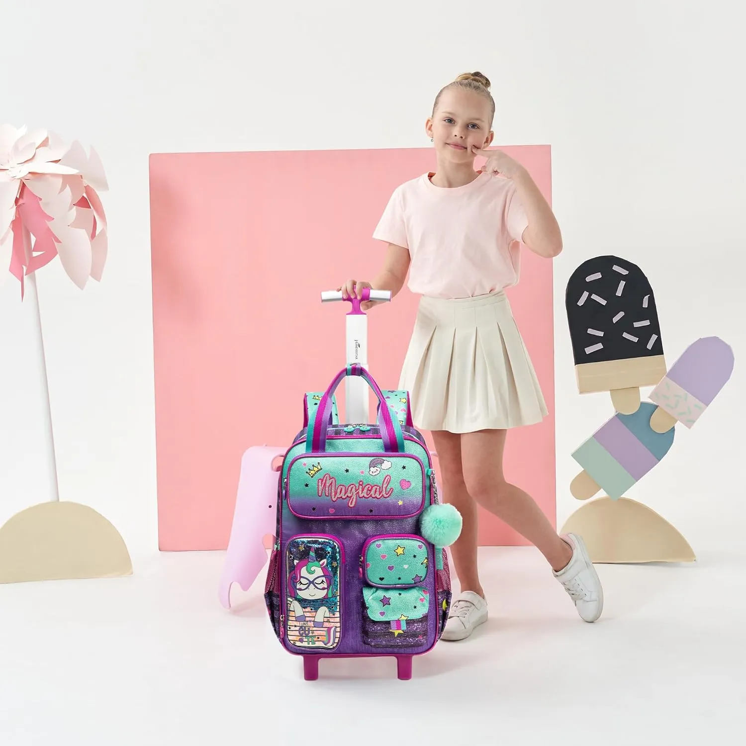 Kids Rolling Backpack with Wheels for Girls Unicorn School Roller Backpack,Carry on Luggage Travel Suitcase with Lunch Bag and Pencil Case for Girls Ages 5-12