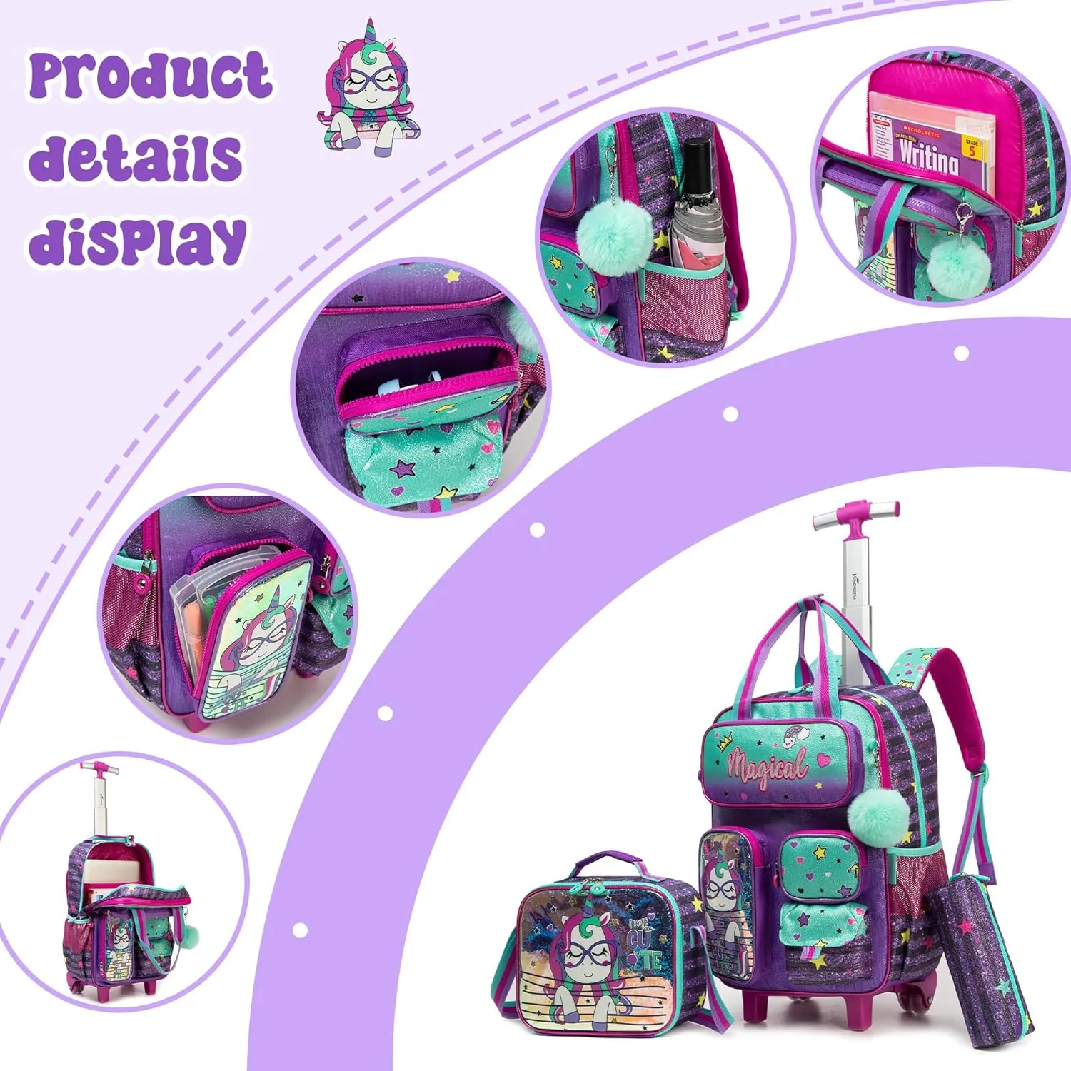 Kids Rolling Backpack with Wheels for Girls Unicorn School Roller Backpack,Carry on Luggage Travel Suitcase with Lunch Bag and Pencil Case for Girls Ages 5-12