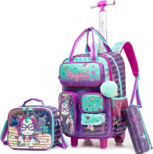 Kids Rolling Backpack with Wheels for Girls Unicorn School Roller Backpack,Carry on Luggage Travel Suitcase with Lunch Bag and Pencil Case for Girls Ages 5-12