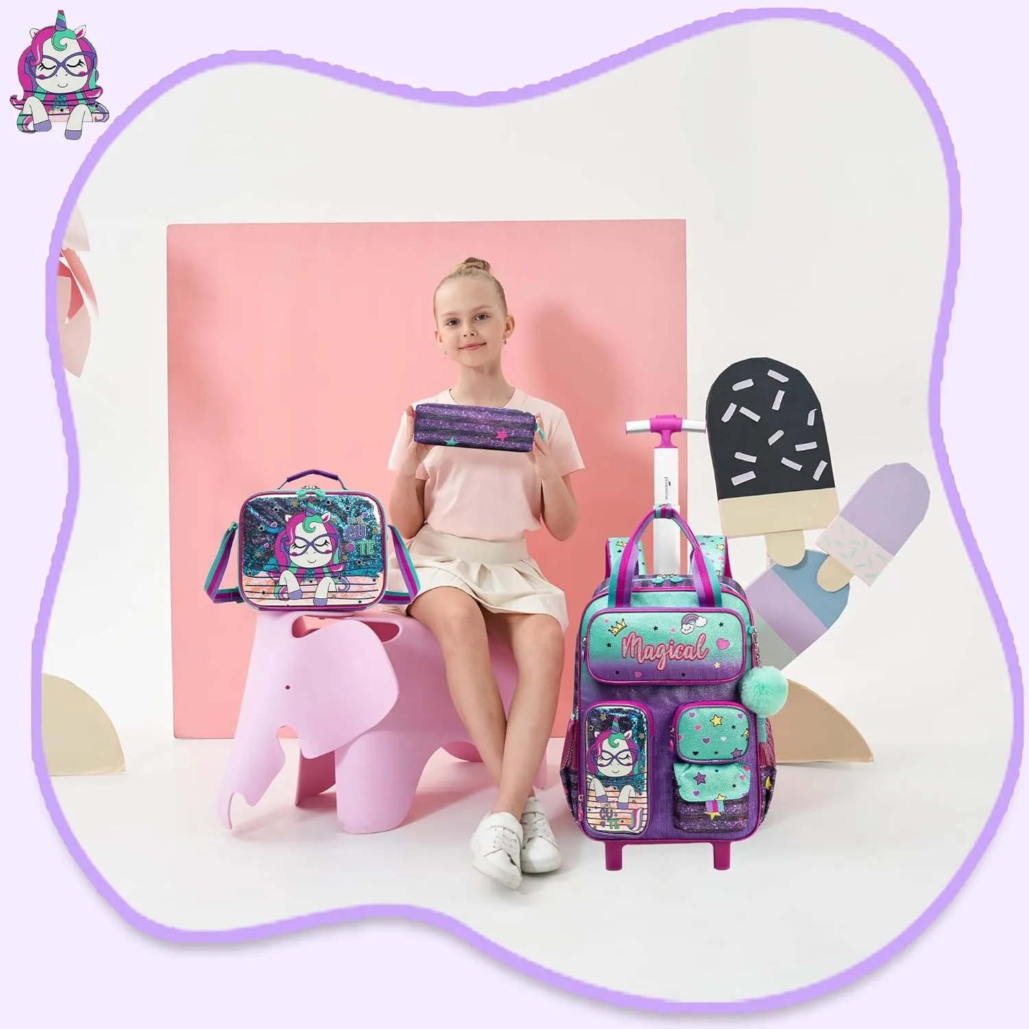 Kids Rolling Backpack with Wheels for Girls Unicorn School Roller Backpack,Carry on Luggage Travel Suitcase with Lunch Bag and Pencil Case for Girls Ages 5-12