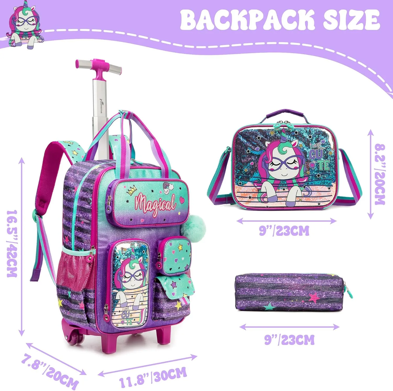 Kids Rolling Backpack with Wheels for Girls Unicorn School Roller Backpack,Carry on Luggage Travel Suitcase with Lunch Bag and Pencil Case for Girls Ages 5-12