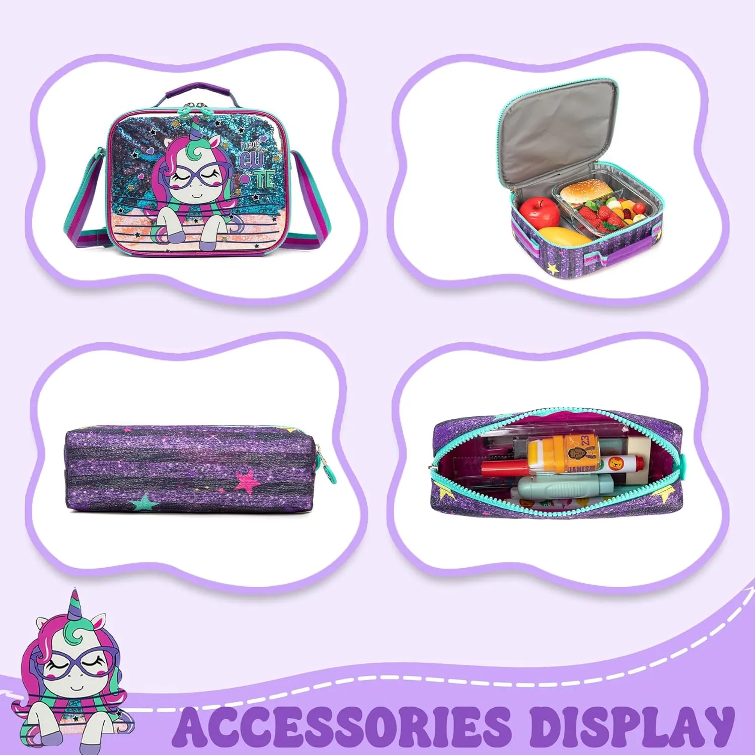 Kids Rolling Backpack with Wheels for Girls Unicorn School Roller Backpack,Carry on Luggage Travel Suitcase with Lunch Bag and Pencil Case for Girls Ages 5-12
