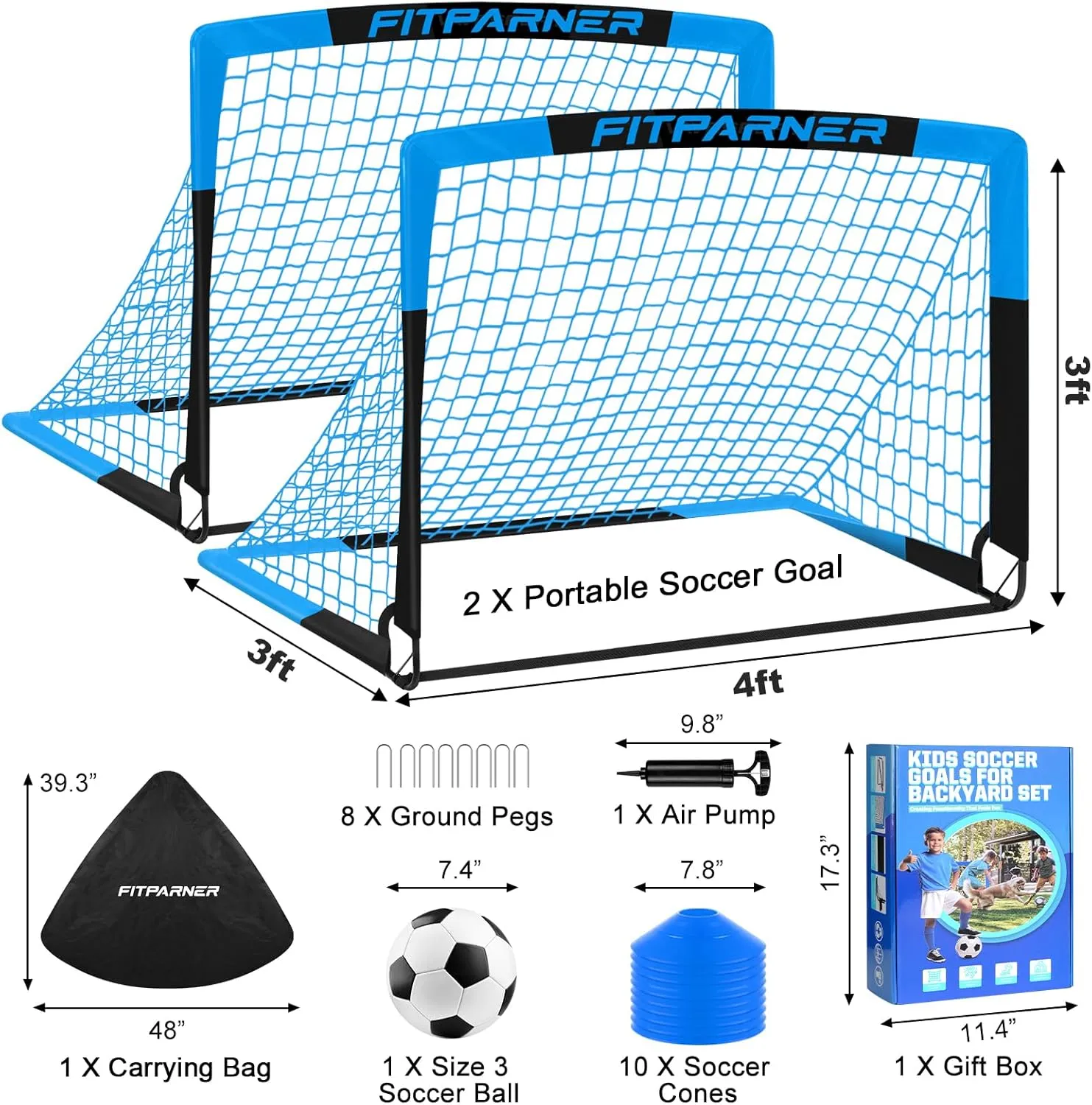 Kids Soccer Goals for Backyard Set - 2 Set of 5X3.6 ft Portable Soccer Nets for Kids Age 3-14,Complete Training Equipment Kit with Ball,Cones for Toddler Youth Outdoor Game