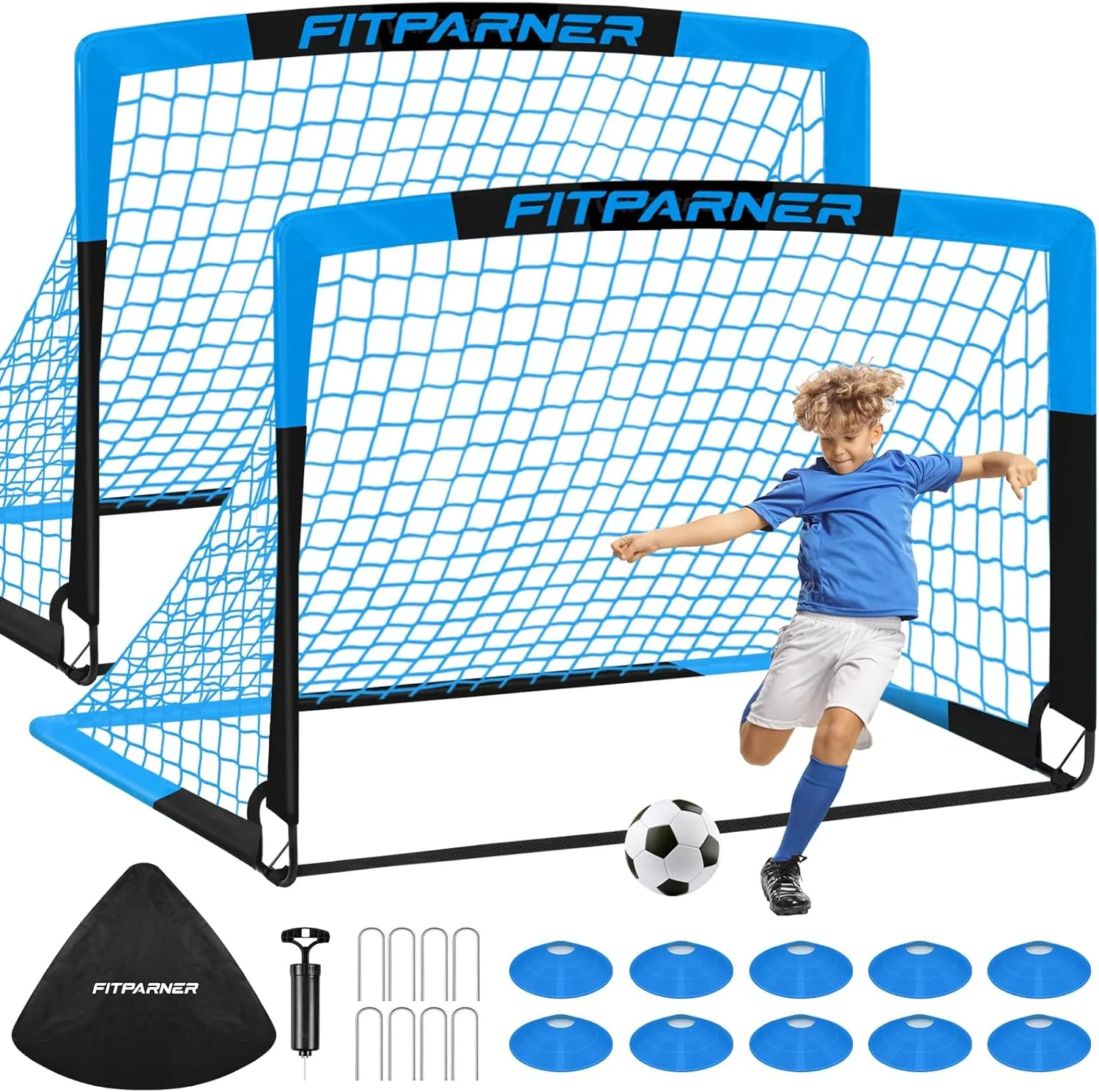 Kids Soccer Goals for Backyard Set - 2 Set of 5X3.6 ft Portable Soccer Nets for Kids Age 3-14,Complete Training Equipment Kit with Ball,Cones for Toddler Youth Outdoor Game