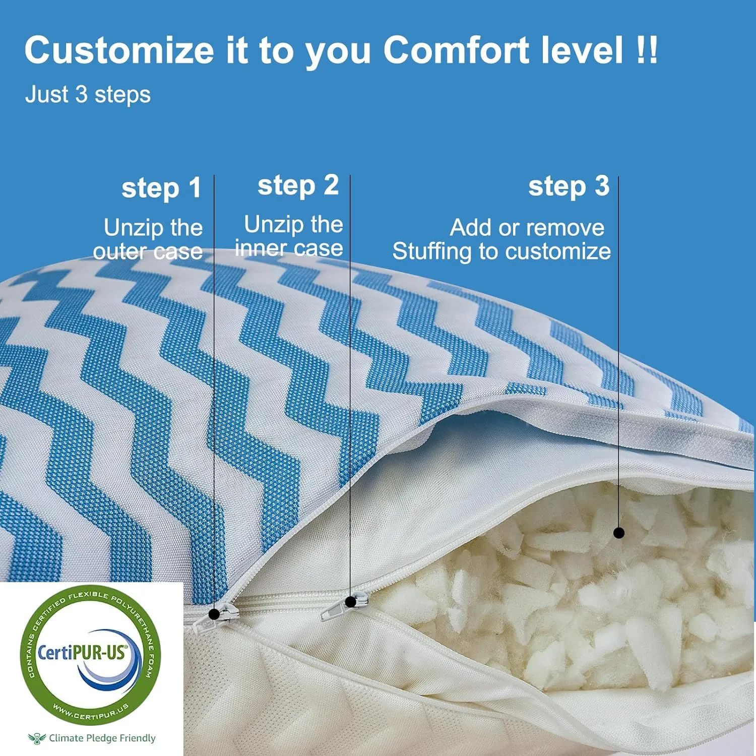 King Size Pillows - Adjustable Firm King Pillows for Back Stomach and Side Sleeper- Shredded Memory Foam Cooling Pillow for Neck and Shoulder Pain with Washable Cover and Bonus Foam Fill