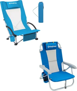 KingCamp 2 Pack Low Beach Chair, Folding & Portable Chairs for Adulit, 300lbs Heavy Duty Backpack Travel Gear Suitable for Camping Lawn Concerts Outdoor Activities