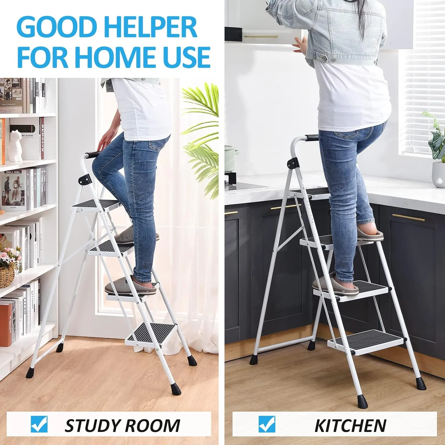 KINGRACK Step Ladder 4 Step Folding Step Stool for Adults with Handrails Heavy Duty Steel Sturdy Lightweight Collapsible Portable Step Ladder with Anti-Slip Wide Pedal,White
