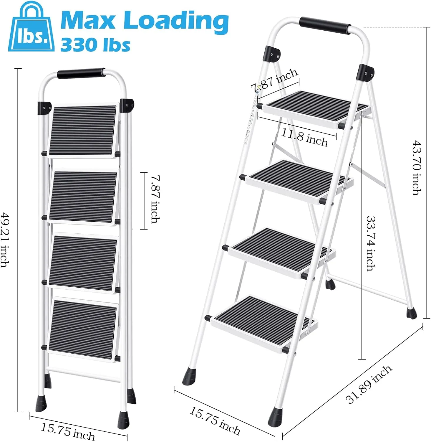 KINGRACK Step Ladder 4 Step Folding Step Stool for Adults with Handrails Heavy Duty Steel Sturdy Lightweight Collapsible Portable Step Ladder with Anti-Slip Wide Pedal,White