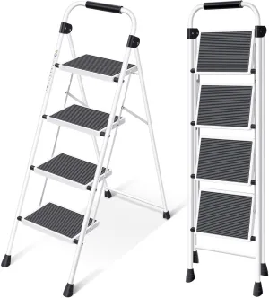 KINGRACK Step Ladder 4 Step Folding Step Stool for Adults with Handrails Heavy Duty Steel Sturdy Lightweight Collapsible Portable Step Ladder with Anti-Slip Wide Pedal,White