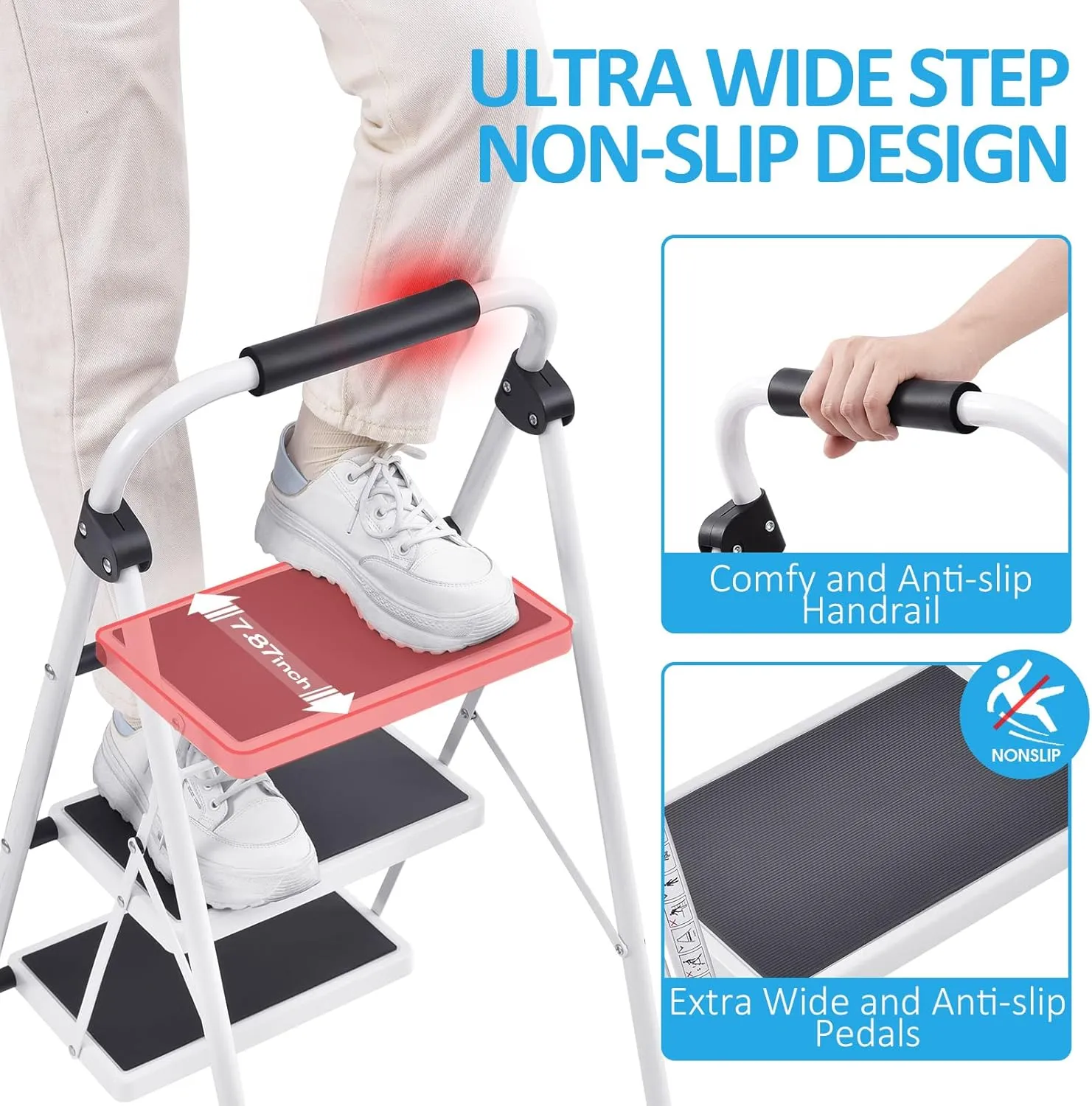 KINGRACK Step Ladder 4 Step Folding Step Stool for Adults with Handrails Heavy Duty Steel Sturdy Lightweight Collapsible Portable Step Ladder with Anti-Slip Wide Pedal,White