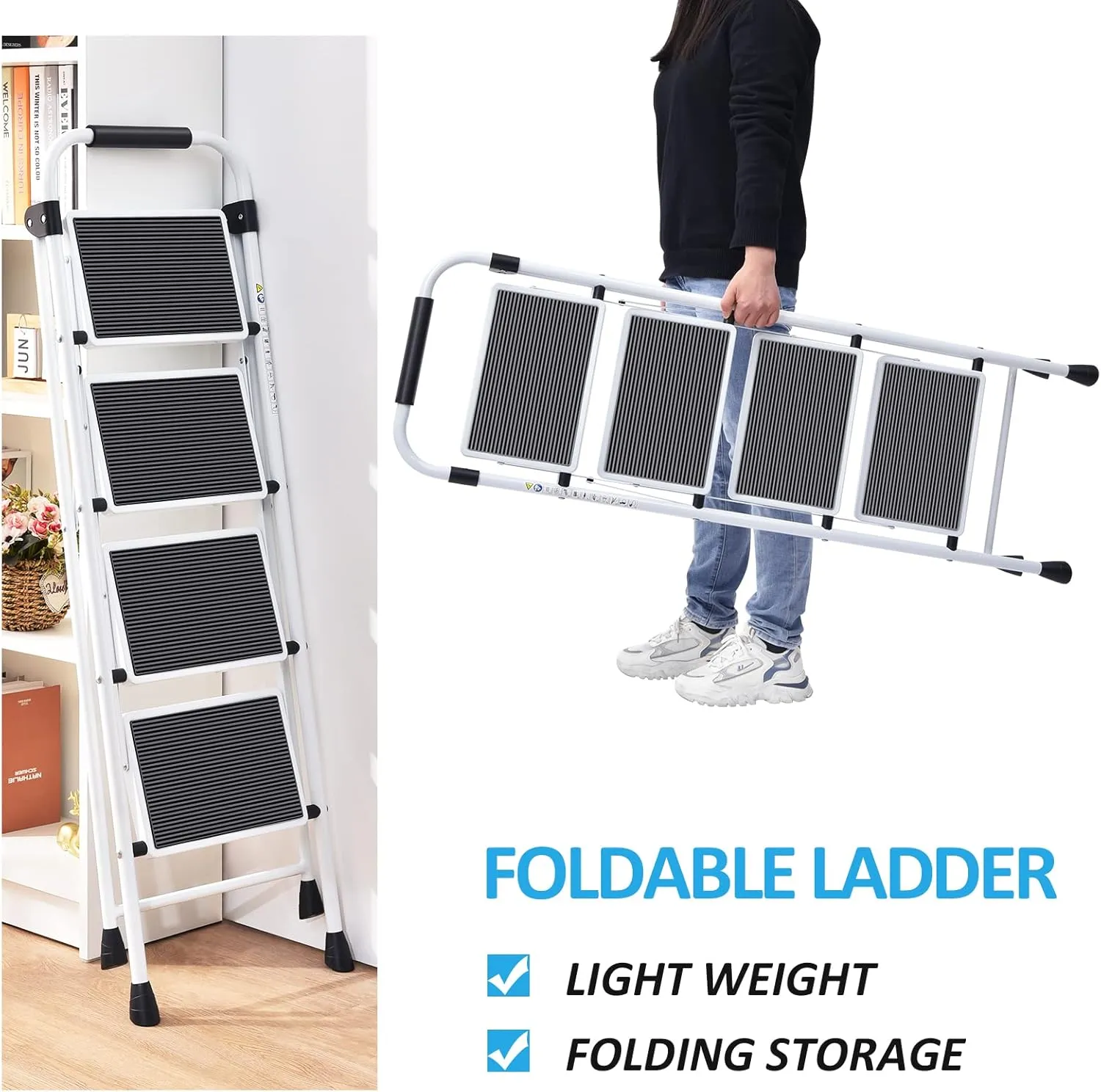 KINGRACK Step Ladder 4 Step Folding Step Stool for Adults with Handrails Heavy Duty Steel Sturdy Lightweight Collapsible Portable Step Ladder with Anti-Slip Wide Pedal,White