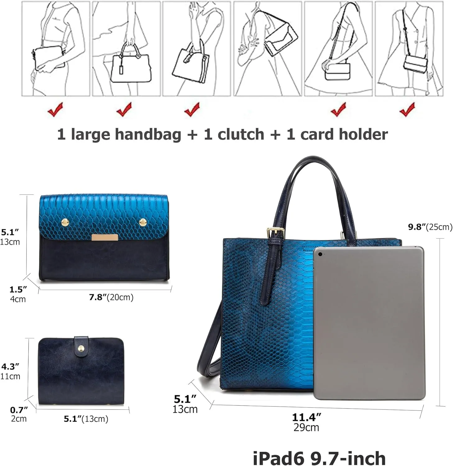 KingTo Women's Crocodile Pattern Satchel Handbags Stylish Tote Handbags crocodile purses for women 3 Pcs Set