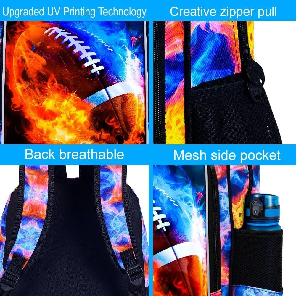 KLFVB 3PCS Kids Bookbag, 17" Boys Backpack and Lunch Box, Water Resistant Teenagers School Bag for Middle Elementary - Flame Rugby