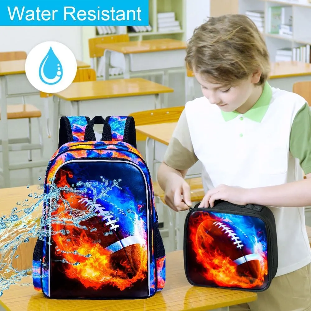 KLFVB 3PCS Kids Bookbag, 17" Boys Backpack and Lunch Box, Water Resistant Teenagers School Bag for Middle Elementary - Flame Rugby