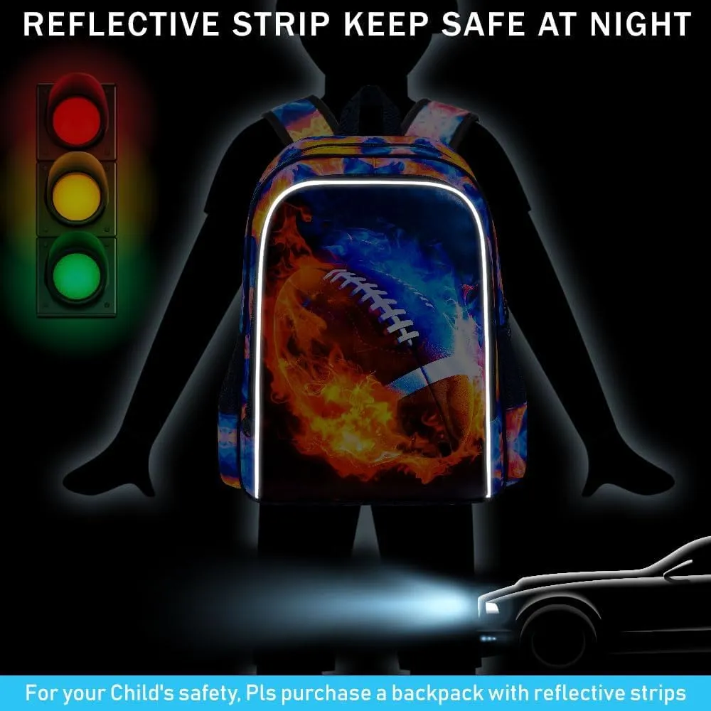 KLFVB 3PCS Kids Bookbag, 17" Boys Backpack and Lunch Box, Water Resistant Teenagers School Bag for Middle Elementary - Flame Rugby
