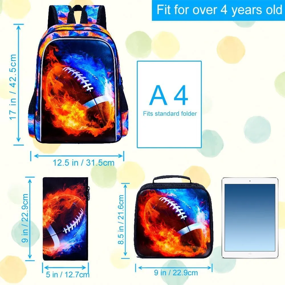 KLFVB 3PCS Kids Bookbag, 17" Boys Backpack and Lunch Box, Water Resistant Teenagers School Bag for Middle Elementary - Flame Rugby