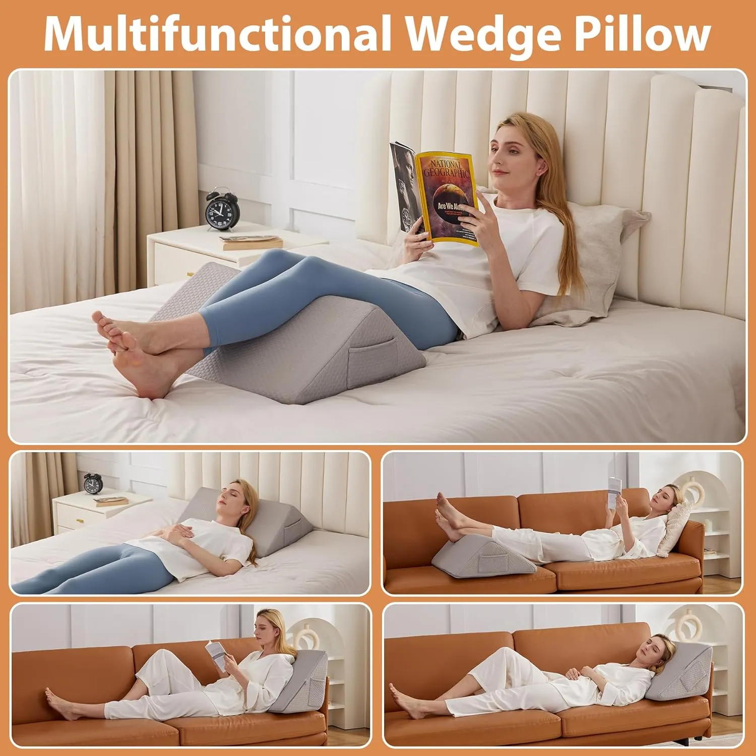 Knee Wedge Pillow for Pain Relief - Memory Foam Leg Elevation Pillow for Post-Surgery Recovery, Sciatica, Hip & Back Support - Knee Wedge for Sleeping, Ankle & Joint Care, Grey