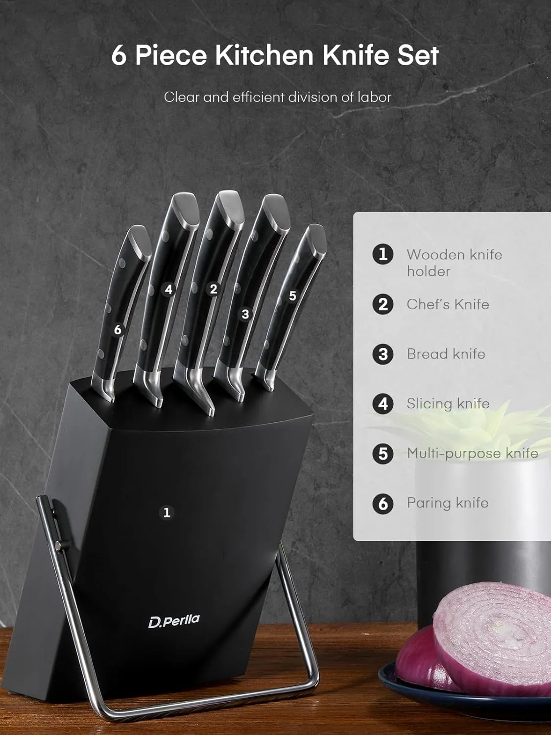 Knife Set, D.Perlla 6 Pieces Small Kitchen Knife Set with Block, German Stainless Steel Knives Set, Sharp Chef Knife Block Set, Black