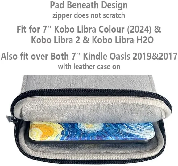 Kobo Libra Colour Sleeve 7" e-Reader Protective Pouch Cover Compatible for 7 inch Kindle Oasis/Kobo Libra Colour(2024)/Kobo Libra 2|Nylon Travel Carry Bag Cover Also for 7 inch Kobo Libra H2O