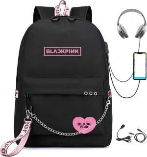 Kpop Backpack Black，Pink Shouler Bag Messenger Bag Fashion USB Charging Backpack (black 5)