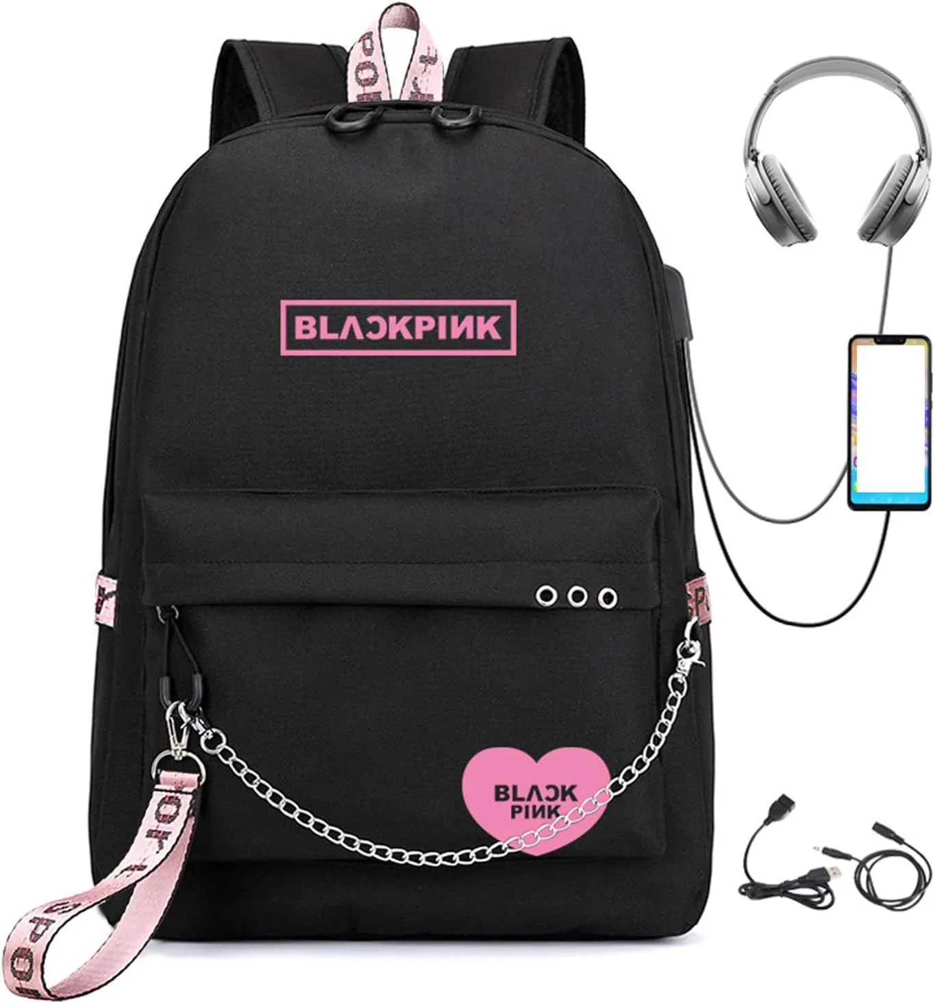 Kpop Backpack Black，Pink Shouler Bag Messenger Bag Fashion USB Charging Backpack (black 5)