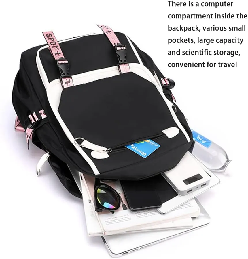 Kpop Backpack Lisa Rose JISOO Jennie Shouler Bag Messenger Bag Fashion USB Charging Backpack (black 8)