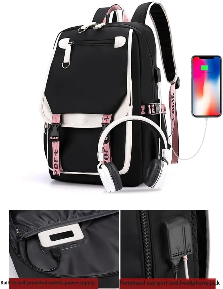 Kpop Backpack Lisa Rose JISOO Jennie Shouler Bag Messenger Bag Fashion USB Charging Backpack (black 8)