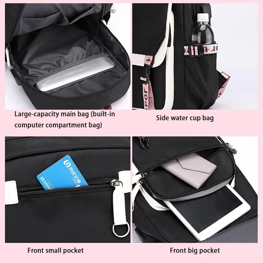 Kpop Backpack Lisa Rose JISOO Jennie Shouler Bag Messenger Bag Fashion USB Charging Backpack (black 8)