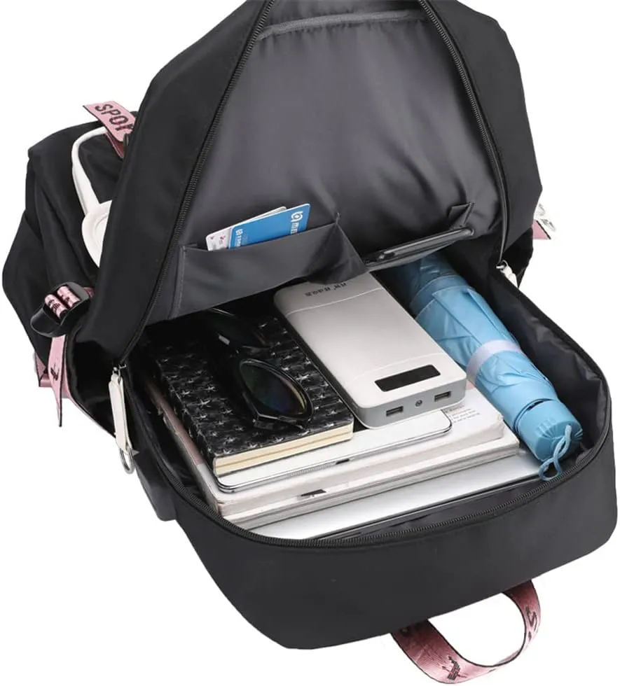 Kpop Backpack Lisa Rose JISOO Jennie Shouler Bag Messenger Bag Fashion USB Charging Backpack (black 8)