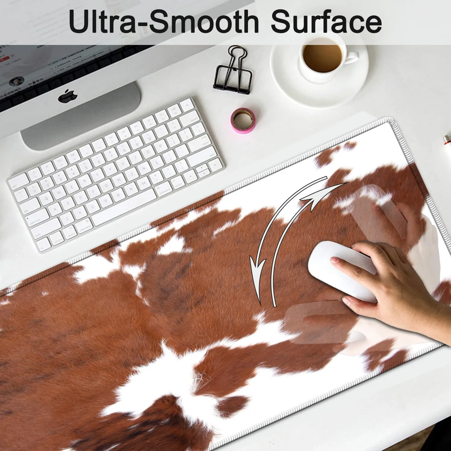 Large Gaming Mouse Pad, Extended Waterproof Desk Pad Protector (31.5" x 11.8") Ergonomics Memory Foam Mouse Wrist Rest Support,for Home Office Laptop Easy Typing,Brown White Cowhide Fur XXL Mouse Mat