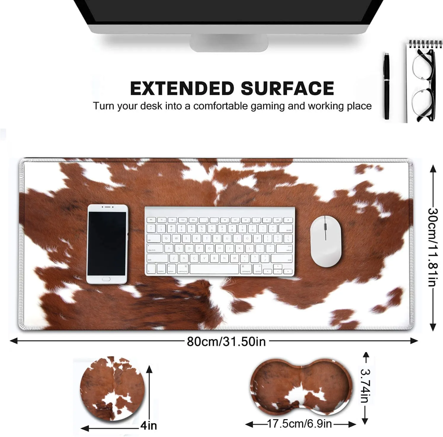 Large Gaming Mouse Pad, Extended Waterproof Desk Pad Protector (31.5" x 11.8") Ergonomics Memory Foam Mouse Wrist Rest Support,for Home Office Laptop Easy Typing,Brown White Cowhide Fur XXL Mouse Mat