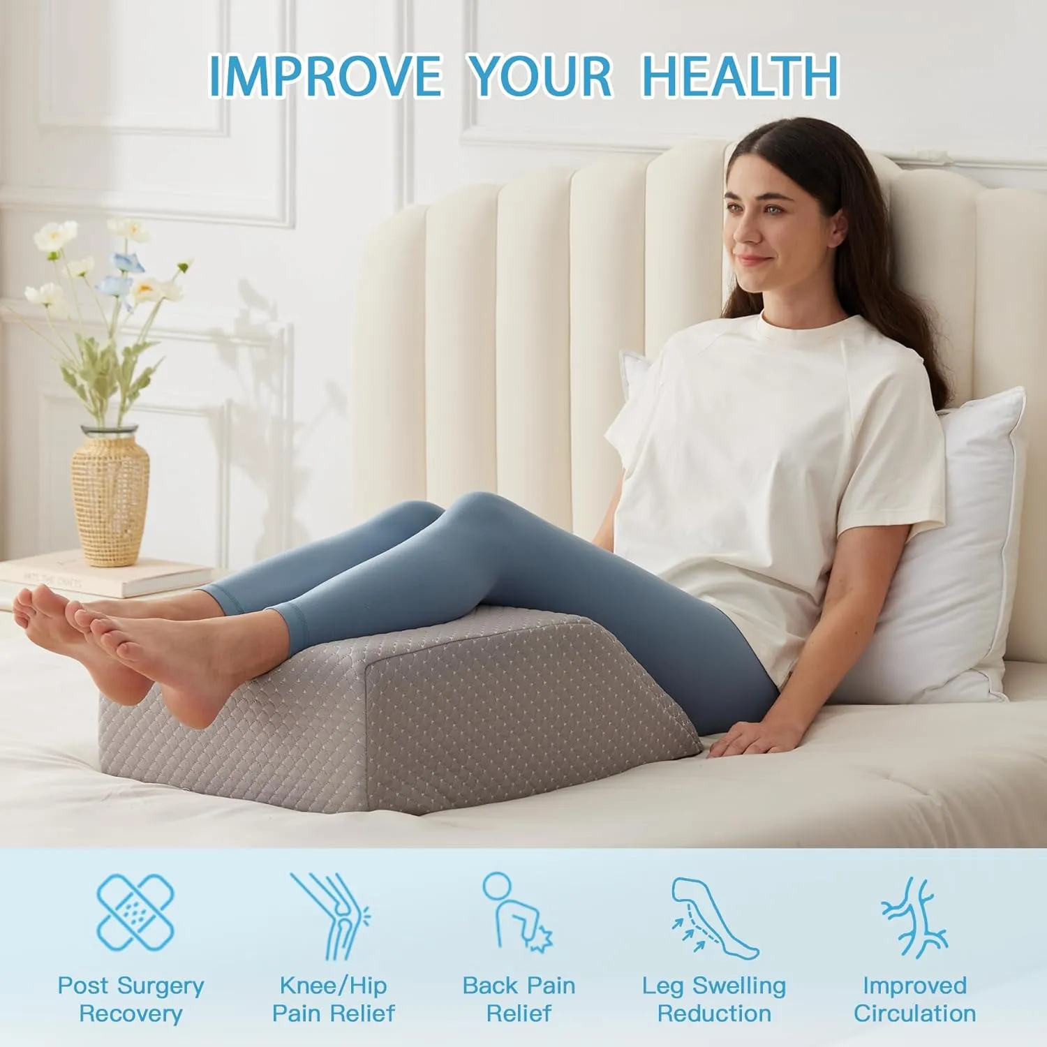 Leg Pillow Elevation Blood Circulation, Leg Wedge for Elevation for Swelling, Leg Elevating Pillow for After Surgery, Memory Foam Foot Knee Pillow for Back Sleeping 23.6×16.8×8 Inch Grey