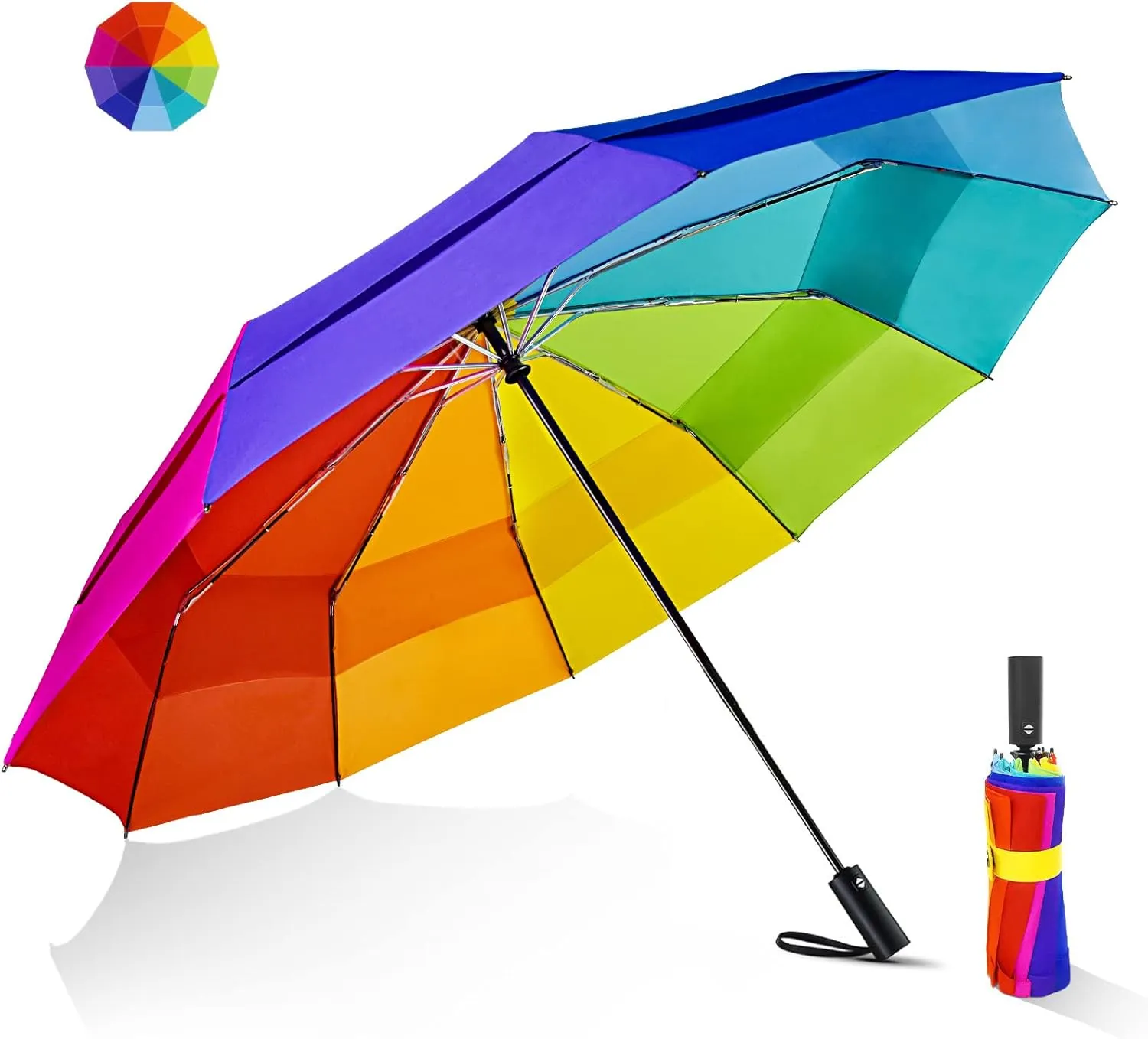 Lejorain Large Golf Umbrella Windproof - Oversized 54inch Double Layer Rainbow 10Ribs Folding Travel Umbrella Compact Auto Open Close for Rain Women/Men