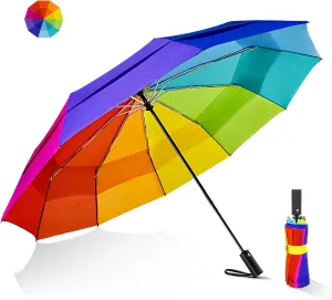 Lejorain Large Golf Umbrella Windproof - Oversized 54inch Double Layer Rainbow 10Ribs Folding Travel Umbrella Compact Auto Open Close for Rain Women/Men