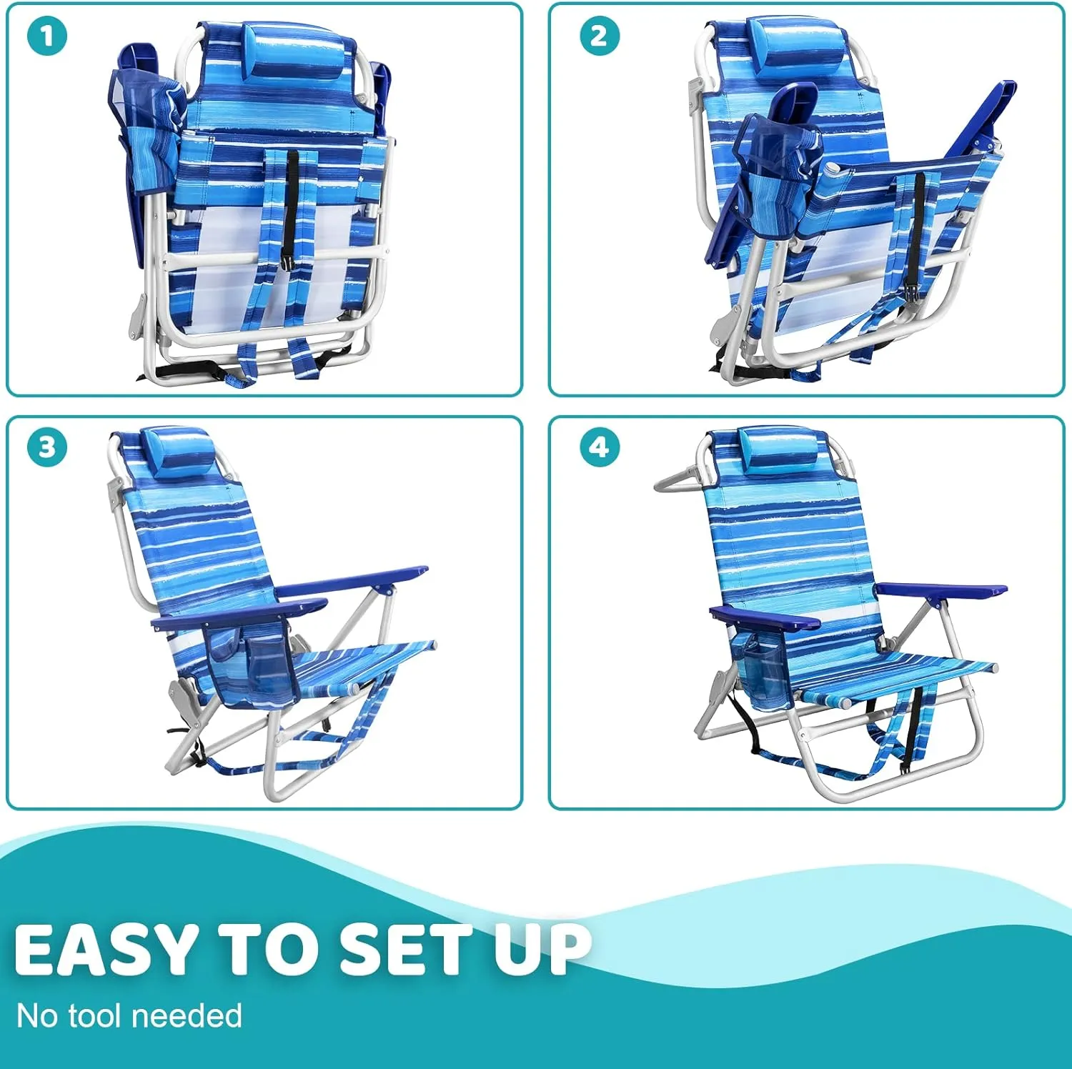 LEMBERI Backpack Beach Chairs for Adults,1/2 Pack Folding Heavy Duty Camping Chair with Large Pockets and Cup Holder,Adjustable high Beach Lounge Chairs with Towel Rack for Outdoor,Travel (2, Blue)