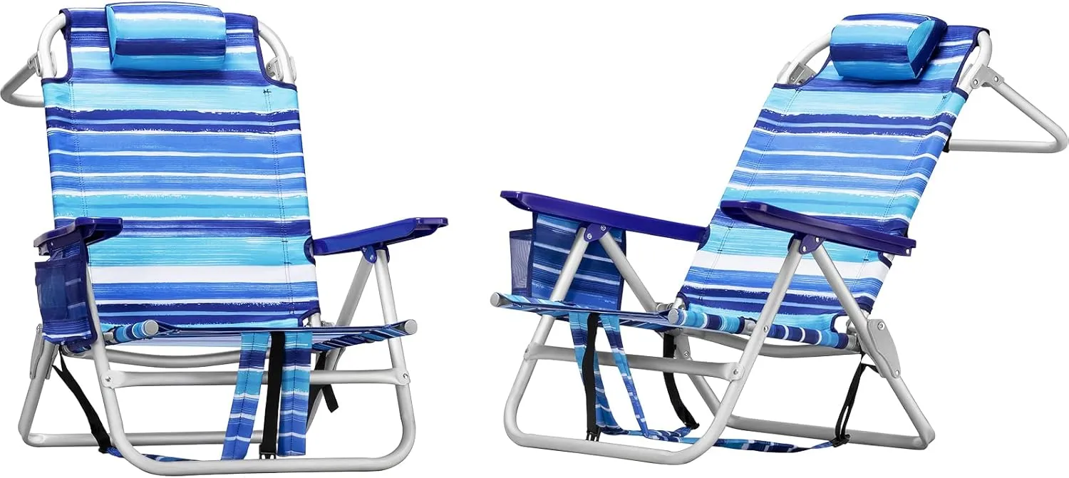 LEMBERI Backpack Beach Chairs for Adults,1/2 Pack Folding Heavy Duty Camping Chair with Large Pockets and Cup Holder,Adjustable high Beach Lounge Chairs with Towel Rack for Outdoor,Travel (2, Blue)