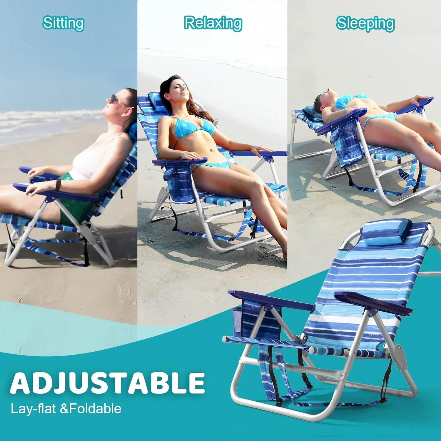 LEMBERI Backpack Beach Chairs for Adults,1/2 Pack Folding Heavy Duty Camping Chair with Large Pockets and Cup Holder,Adjustable high Beach Lounge Chairs with Towel Rack for Outdoor,Travel (2, Blue)