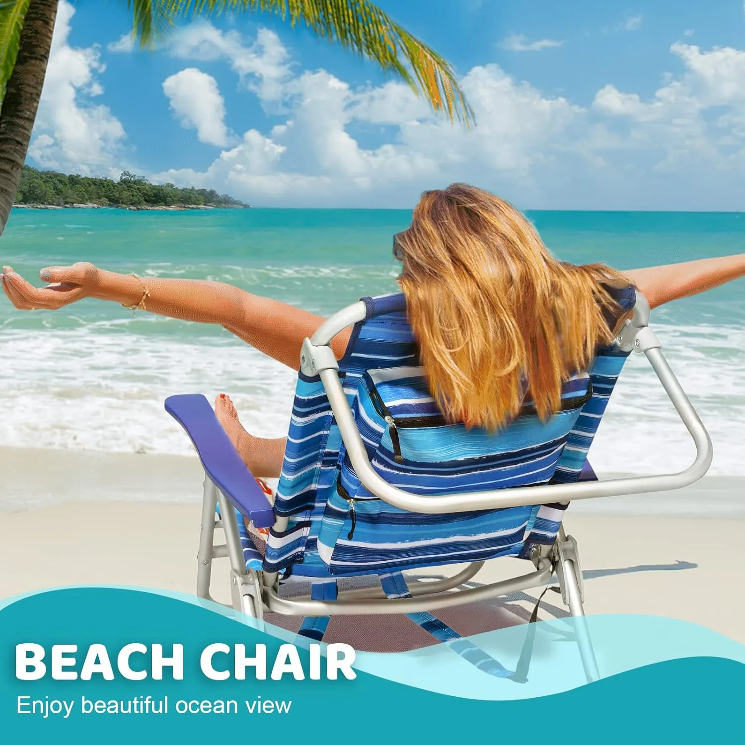 LEMBERI Backpack Beach Chairs for Adults,1/2 Pack Folding Heavy Duty Camping Chair with Large Pockets and Cup Holder,Adjustable high Beach Lounge Chairs with Towel Rack for Outdoor,Travel (2, Blue)