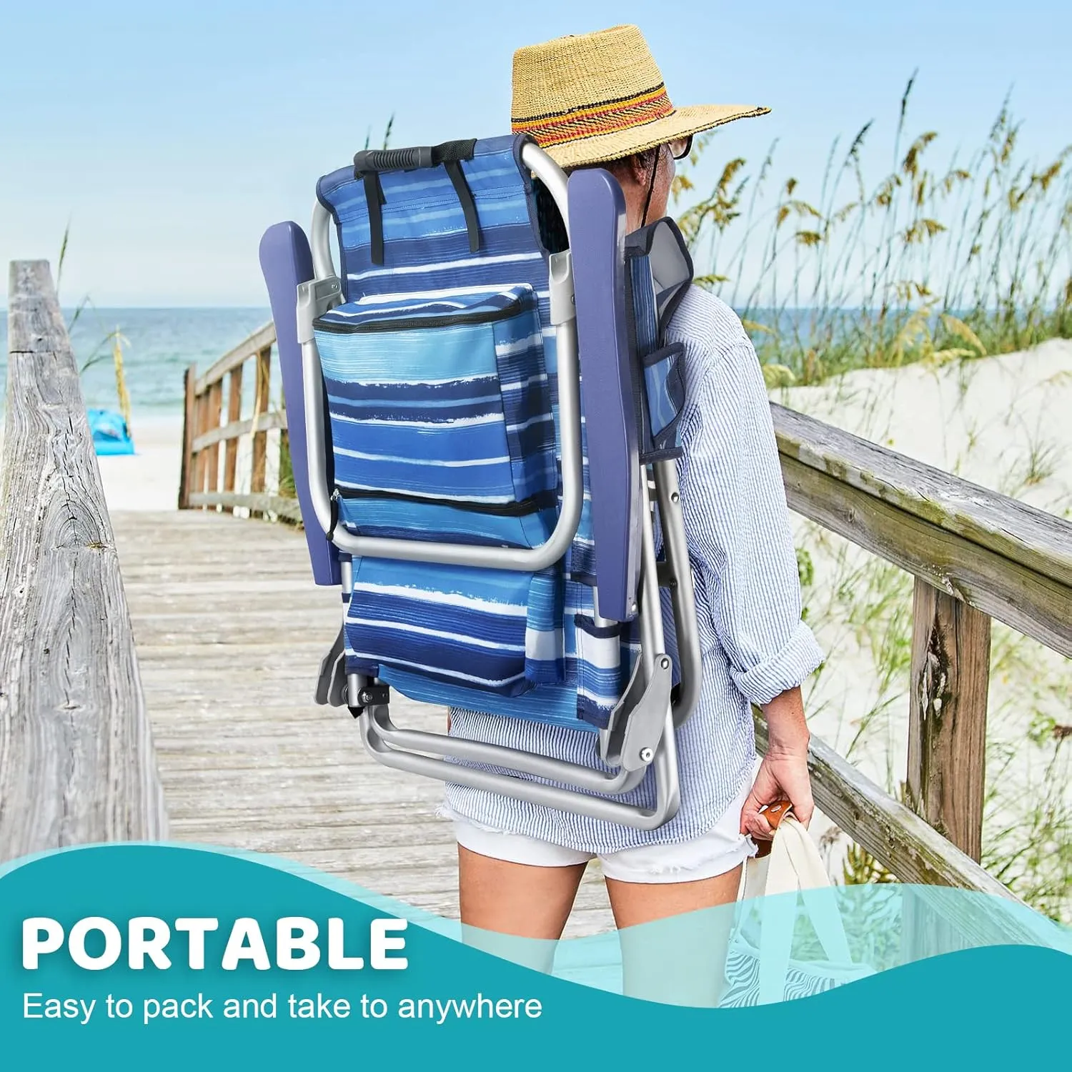 LEMBERI Backpack Beach Chairs for Adults,1/2 Pack Folding Heavy Duty Camping Chair with Large Pockets and Cup Holder,Adjustable high Beach Lounge Chairs with Towel Rack for Outdoor,Travel (2, Blue)
