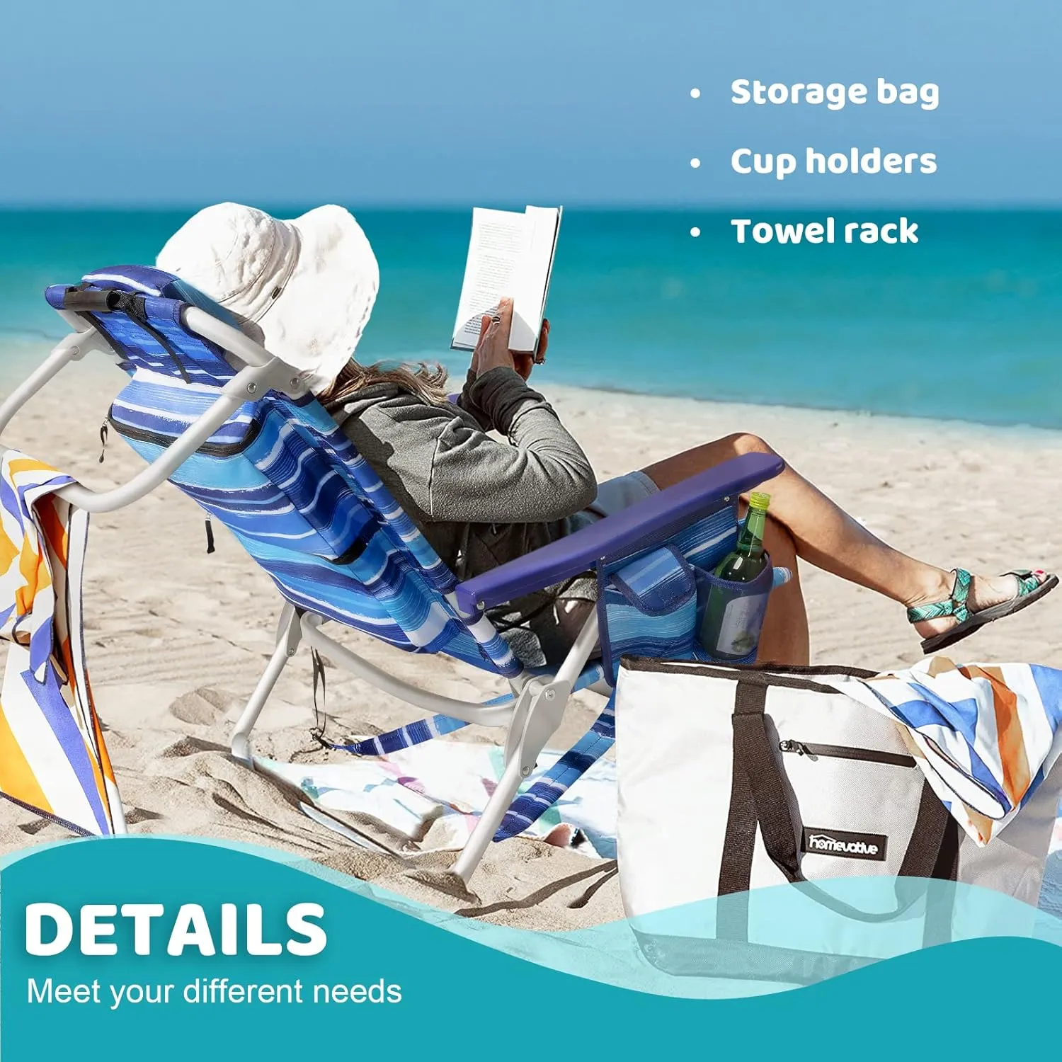 LEMBERI Backpack Beach Chairs for Adults,1/2 Pack Folding Heavy Duty Camping Chair with Large Pockets and Cup Holder,Adjustable high Beach Lounge Chairs with Towel Rack for Outdoor,Travel (2, Blue)