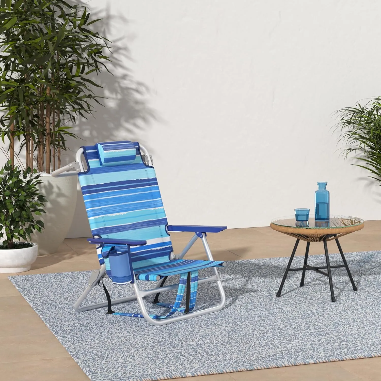 LEMBERI Backpack Beach Chairs for Adults,1/2 Pack Folding Heavy Duty Camping Chair with Large Pockets and Cup Holder,Adjustable high Beach Lounge Chairs with Towel Rack for Outdoor,Travel (2, Blue)