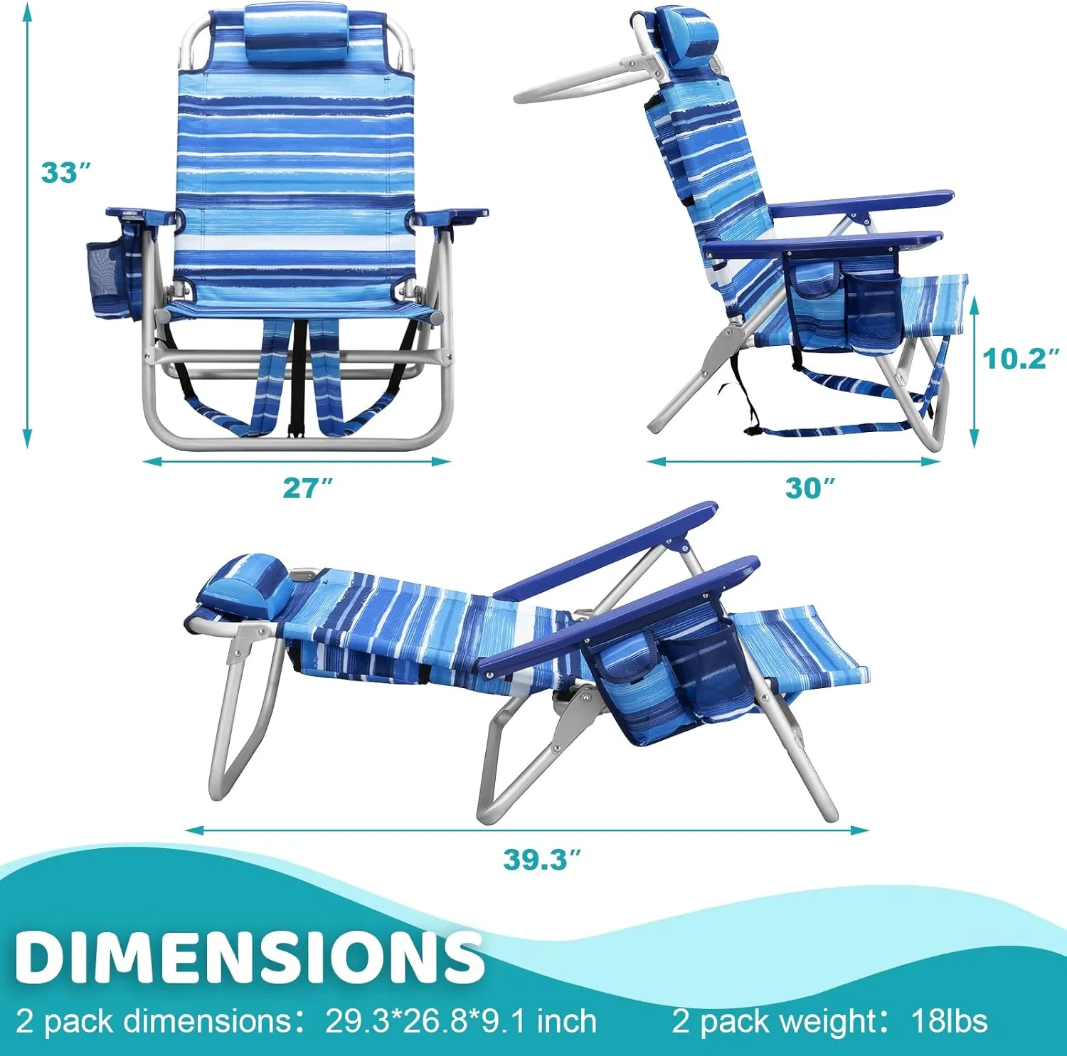 LEMBERI Backpack Beach Chairs for Adults,1/2 Pack Folding Heavy Duty Camping Chair with Large Pockets and Cup Holder,Adjustable high Beach Lounge Chairs with Towel Rack for Outdoor,Travel (2, Blue)