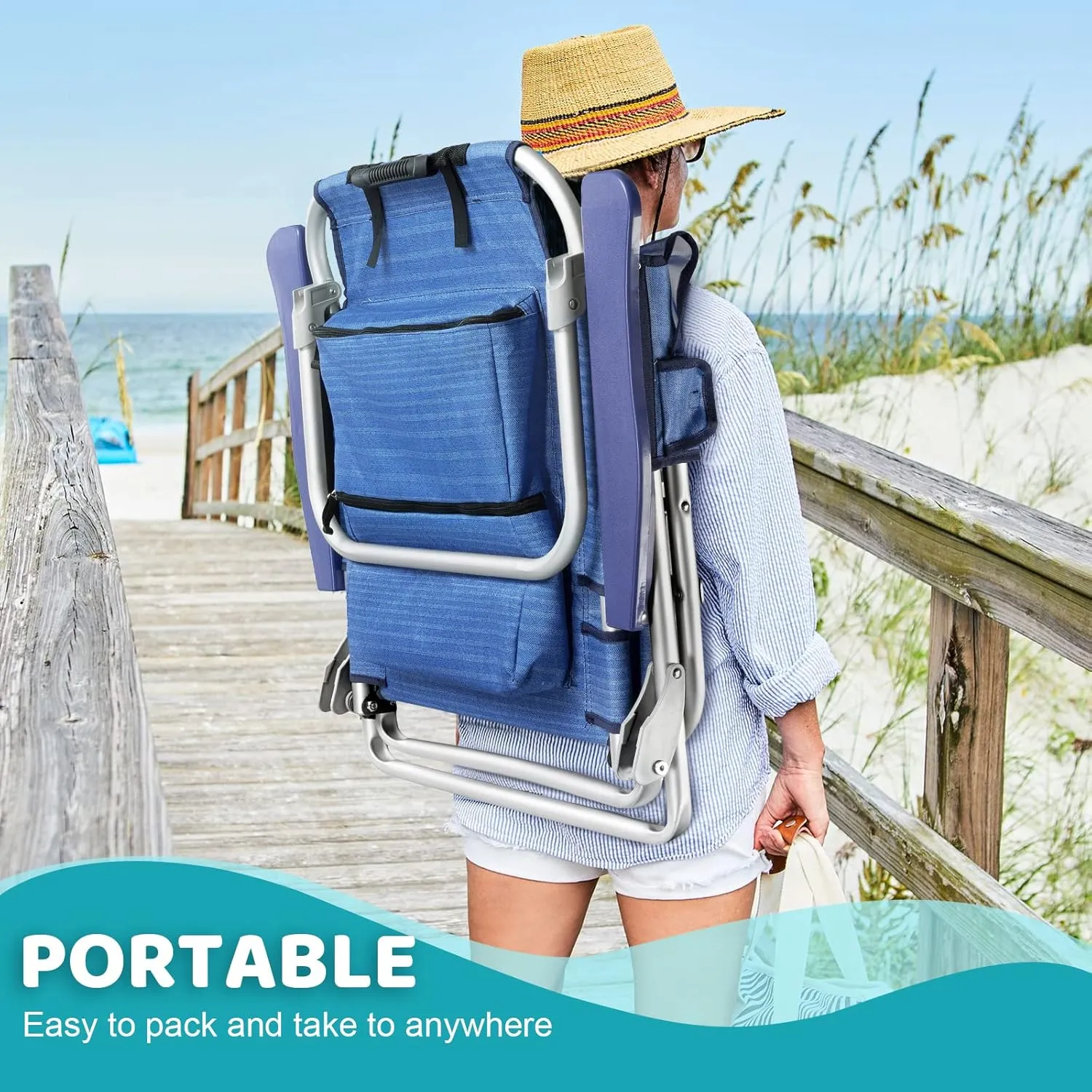 LEMBERI Backpack Beach Chairs for Adults,1/2 Pack Folding Heavy Duty Camping Chair with Large Pockets and Cup Holder,Adjustable high Beach Lounge Chairs with Towel Rack for Outdoor,Travel (2, Navy)