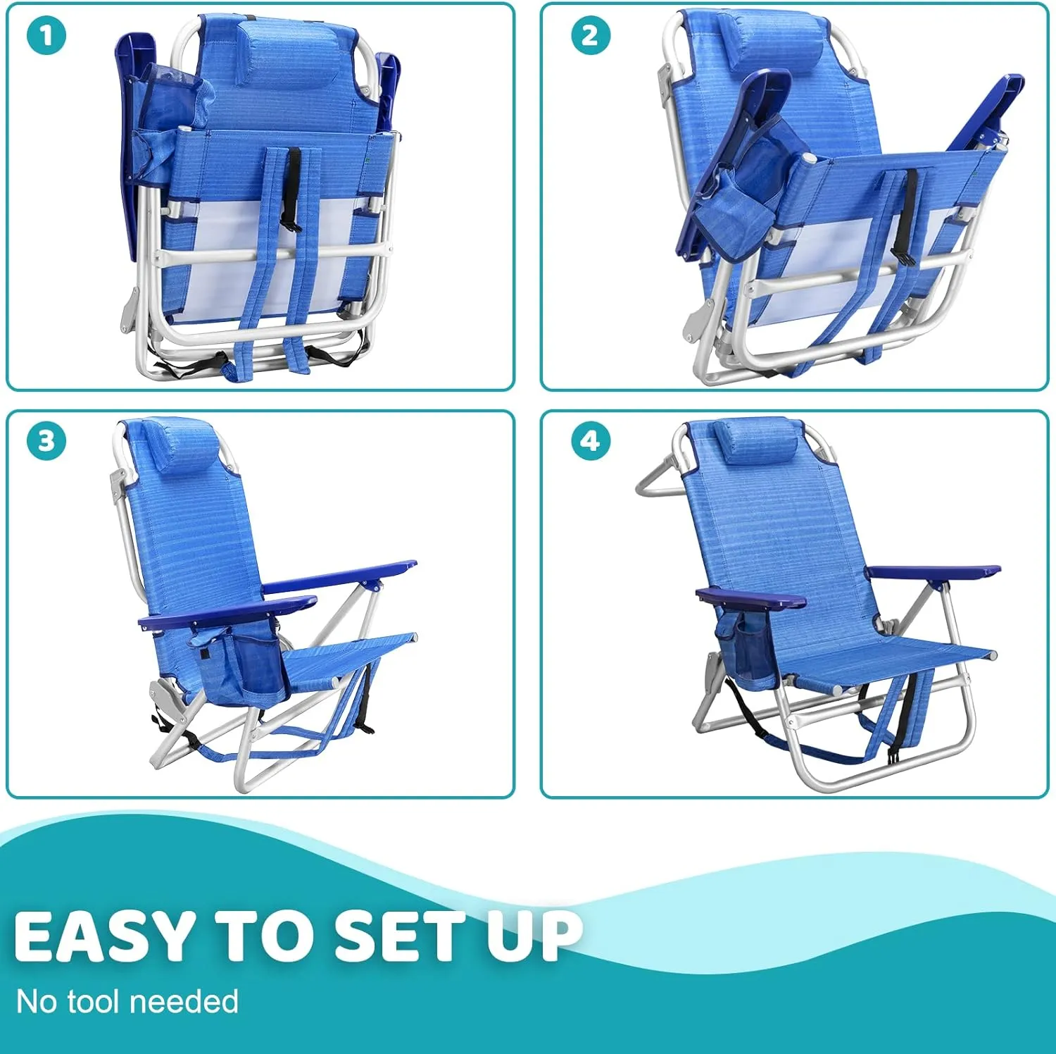 LEMBERI Backpack Beach Chairs for Adults,1/2 Pack Folding Heavy Duty Camping Chair with Large Pockets and Cup Holder,Adjustable high Beach Lounge Chairs with Towel Rack for Outdoor,Travel (2, Navy)