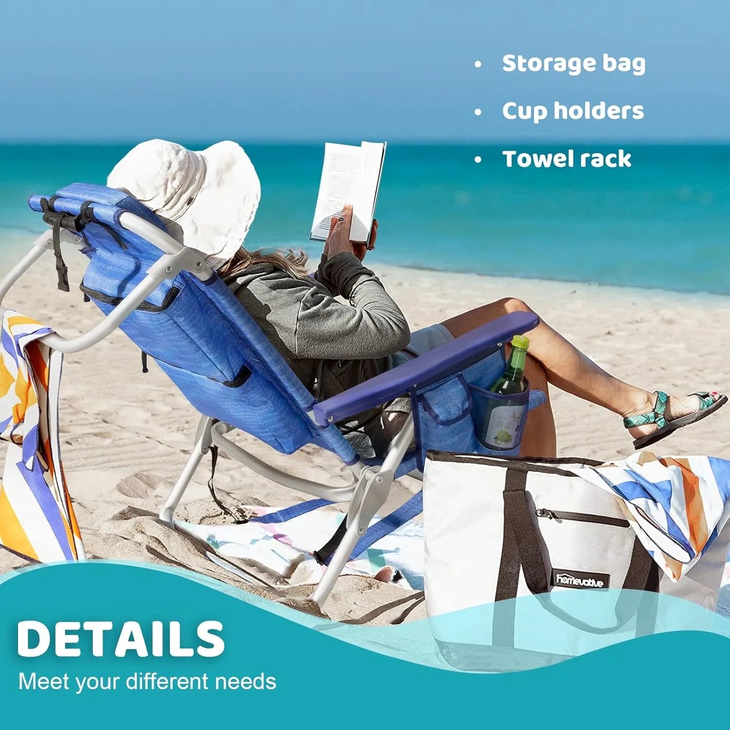 LEMBERI Backpack Beach Chairs for Adults,1/2 Pack Folding Heavy Duty Camping Chair with Large Pockets and Cup Holder,Adjustable high Beach Lounge Chairs with Towel Rack for Outdoor,Travel (2, Navy)